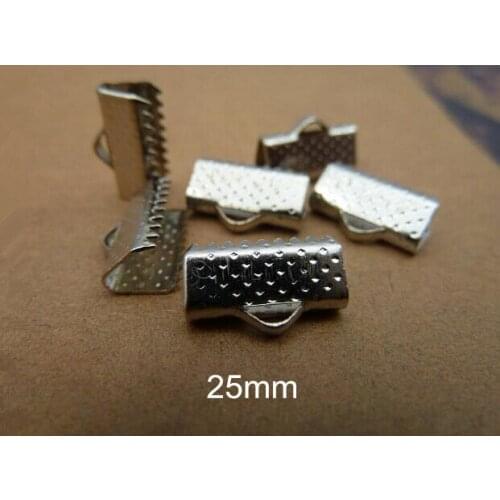 200 pcs 25mm Clamps Crimp Ribbon End Silver Textured Finish - Free Shipping