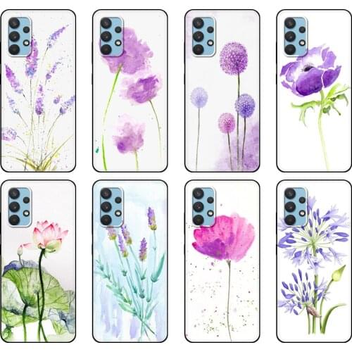 Black tpu Case For Samsung galaxy A32 A42 A52 A72 4g 5g S21 PLUS ultra back cover Watercolor flower Dandelion Lotus lavender