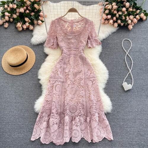 Croysier Summer Clothes Dresses For Women 2021 Elegant Evening Party Dress Round Neck Short Sleeve Office Lady Lace Midi Dress