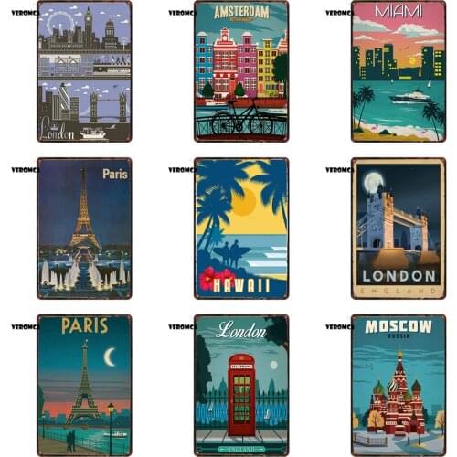 Travel City Metal Sign Vintage Retro London Paris Iron Painting Pub Store Landmark Poster Art Stickers Vintage Home Decoration