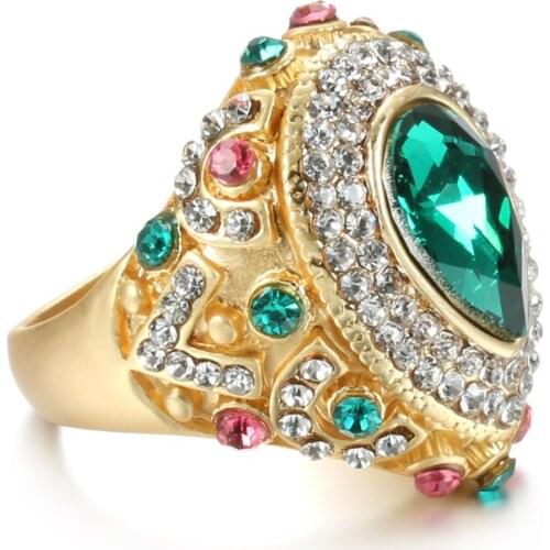 Kinel Fashion Boho Party Ring Female Water Drop Green Glass Big Rings Gold Color Vintage Wedding Jewelry Drop Shipping