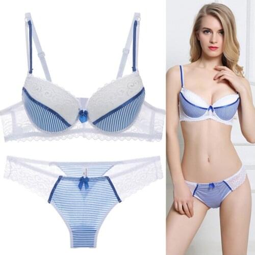 New Plus Size Bra And Panty Set For Girls Sexy Lace Bow Push Up Lingerie Small Breasts Together Breathable Bralette Underwear
