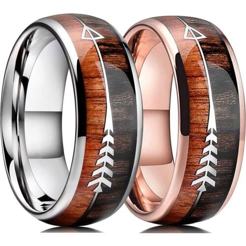 8mm Fashion Luxury Stainless Steel Ring Wood Inlay Arrow and Shell Inlay Ring Men Women Wedding Band Jewelry Gift