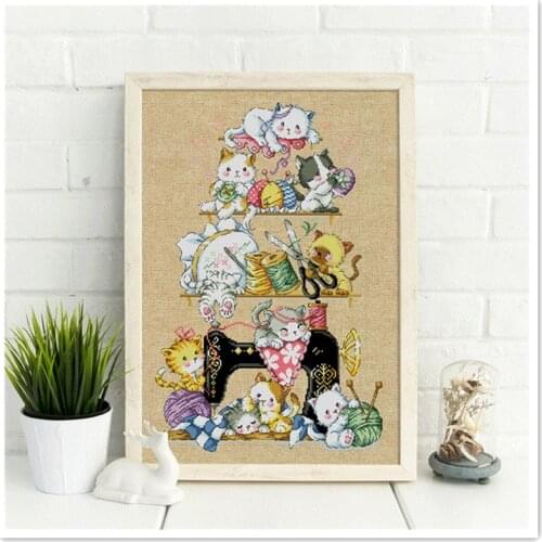 The kitten beside the sewing machine (2) cross stitch kit cotton silk thread cat animal 18ct 14ct 11ct linen flaxen canvas DIY