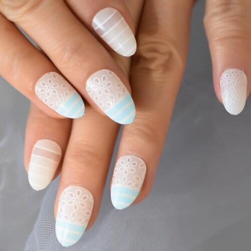 Pre-glue Artificial Fingernails Flower White Press On Nail Tips Almond Shaped Full Cover Cute False Nails Blue Lined