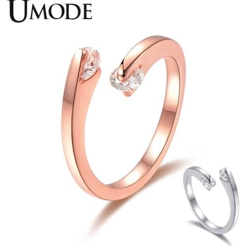 UMODE New Clear Zircon CZ Crystal Simple Bypass Rings for Women New Rose&White Gold Open Adjustable Jewelry Gifts AUR0503