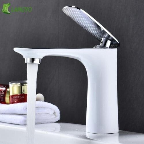 LANGYO Luxury Basin Faucet Brass Made Chrome Faucet White Sink Mixer Tap Vanity Faucet Hot Cold Water Golden Bathroom Faucet