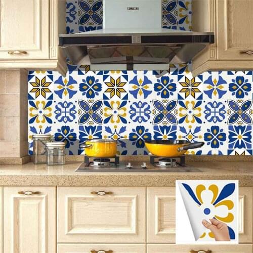 10pcs/Set Blue Pattern Kitchen Tile Stickers Self-adhesive Waterproof Mural Bathroom Decoration DIY Wall Brick Wallpaper Decals