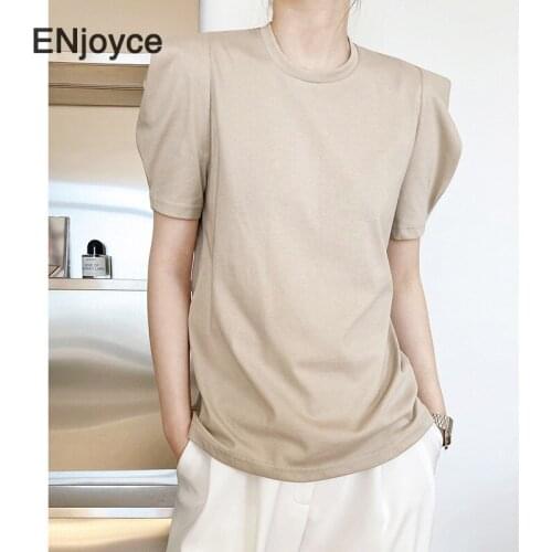 Korean Fashion Cotton Tee Shirt for Women Casual Short Puff Sleeve Pullover Loose Blue Tshirt Simple Tops New Design Summer 2021