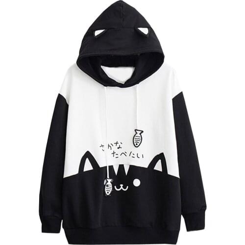 Womens Casual lovely Hoodie Long Sleeve Kitty Cat Print Sweatshirt Pocket Thin Hoodie Blouse Top Shirt Female Tops Streetwear