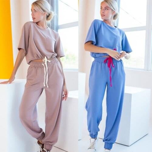 Comfort 2-Piece Sets Women Drawstring Loose Cropp T Shirts+Sweatpants Solid Tracsuit Female 2021Summer New High Streetwear Teens