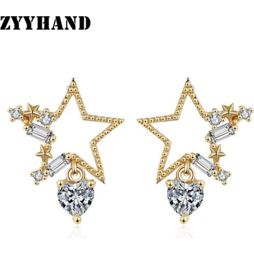 Golden Star Clean Stone Women Stud Earring Girl Cubic Zirconia Heart Shape Zircon Lady Party Wedding Ear Jewelry