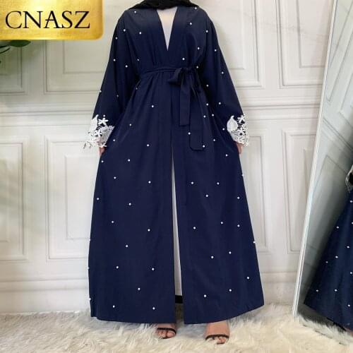 2021 Beading Pearl Lace Robe Elegent Cardigan New Fashion Turkey Muslim Open Abaya Islamic For Women Clothing