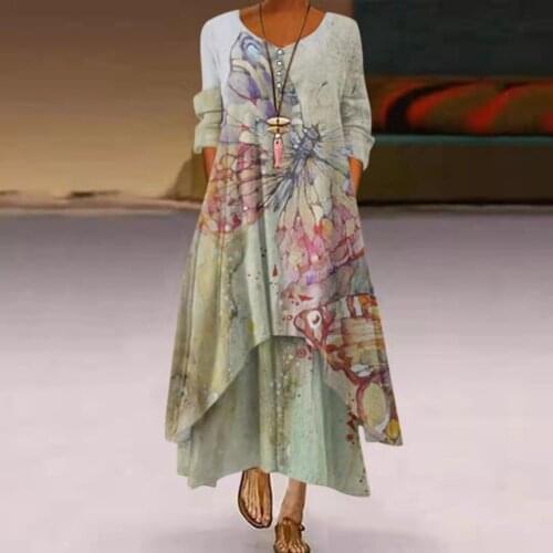 2021 Autumn New Pockets Irregular Long Sleeve Dress for Women Office Lady Print Dresses Women Donsignet