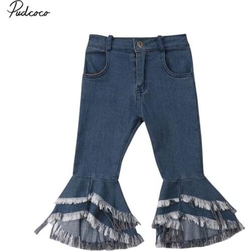 2019 Brand Girls Size 2-7 yrs Denim Wide Leg Flare Trousers Pants New Fashion Pockets Full Length Kid Girls Pants