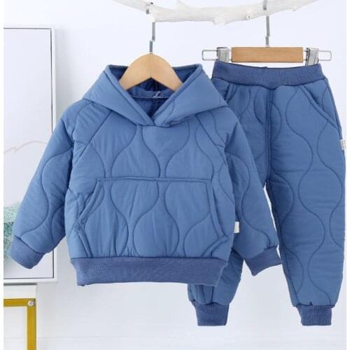 2021 New Childrens Winter Cotton-Padded Jacket Suit Plus Velvet Baby Clothes Girl Boy Costume Warm Hoodies + Trousers 2Pcs Set