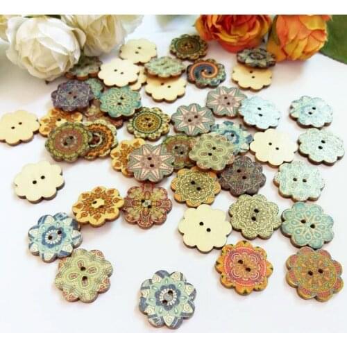 50PCS 20mm/25mm Mix Natural Wood Button Printed vintage flower round Printed Button clothing Craft Accessories