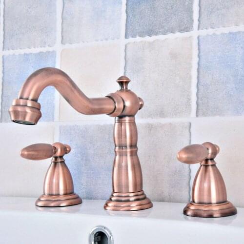 Antique Red Copper Brass Deck Mounted Dual Handles Widespread Bathroom 3 Holes Basin Faucet Mixer Water Taps msf534