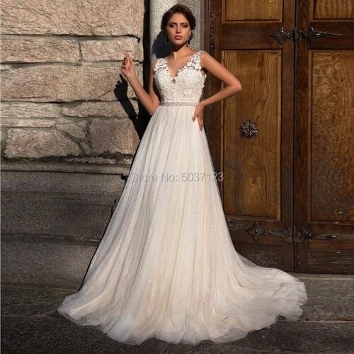 Sexy V-Neckline Sleeveless Tulle A Line Wedding Dresses Beading Belt Vestido De Noiva Lace Appliques Bridal Gown Court Train