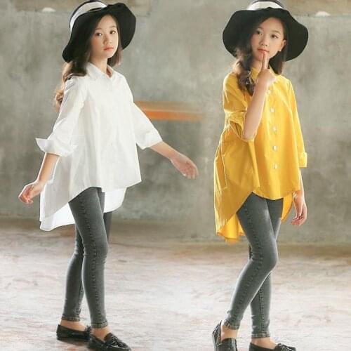 Korean Style Kids Shirts Teenagers Summer Tops Long Shirts for Teenage Girls 2020 Teen White Yellow Blouse 12 14 Years Clothes