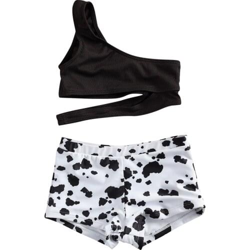 New Girls 2 Pcs Set, One Sling Sleeve One Sleeveless Solid Color Hollowing Out Crop Top and Print Short Pants Swimsuit