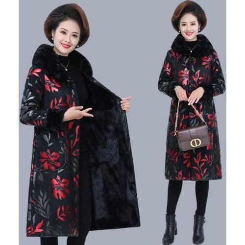 Winter Women Warm Cotton Padded Coat Jacket Print Warm Outerwear Casual Long Sleeve Luxury Female Fur Lining Plush Coats Y457