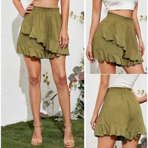 Summer Elastic High Waist Lotus Leaf Shorts Women Casual Elastic Waist Short Pants Green