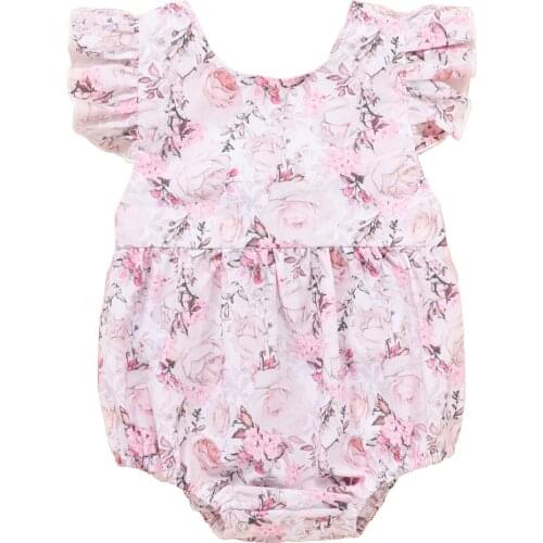 Newborn Baby Girl Flying Sleeve Romper Round Neck Flower Pattern Summer Jumpsuit Outfits