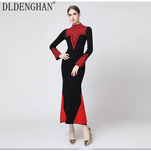 DLDENGHAN Fashion Runway Designer Autumn Knitting Dress Women Turtleneck Long Sleeve Geometric Pattern Vintage Long Dresses