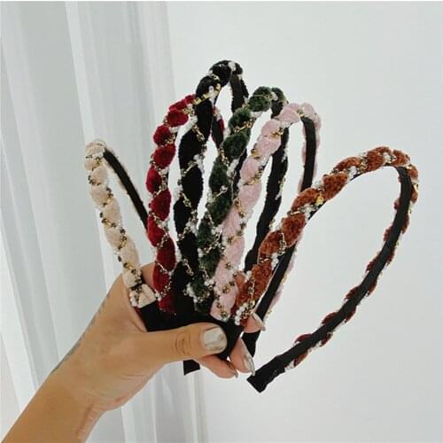 Fashion hair accessories women pearl rhinestone braided thin side headbands non-slip cross chain headband girls face hair band