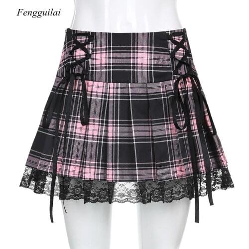 Autumn and Spring Plaid Stitching Lace Up Pleated Skirt 2021 New Womens Club Party