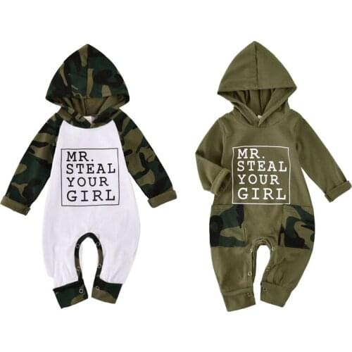 FOCUSNORM Newborn Baby Boys 0-18M Autumn Rompers Letter Camouflage Print Long Sleeve Hooded Jumpsuits