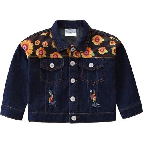 Little Girl Casual Long Sleeve Cardigan Fashion Sunflower Printing Stitching Denim Coat Navy Blue 2021