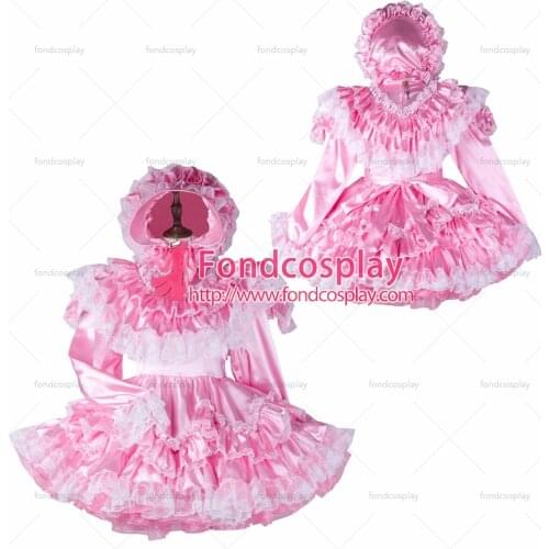 Sissy maid pink satin dress lockable Uniform costume Tailor-made[G2364]