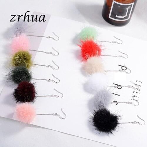 ZRHUA 925 Sterling Silver Fluff ball Drop Earrings Gift pendientes boucle d'oreille femmes Winter Jewelry Accessories for Women