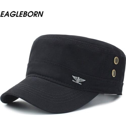 EAGLEBORN Summer Autumn Military Cap Men Women Washed Cotton Flat Top Army Hat with Air Hole Adjustable