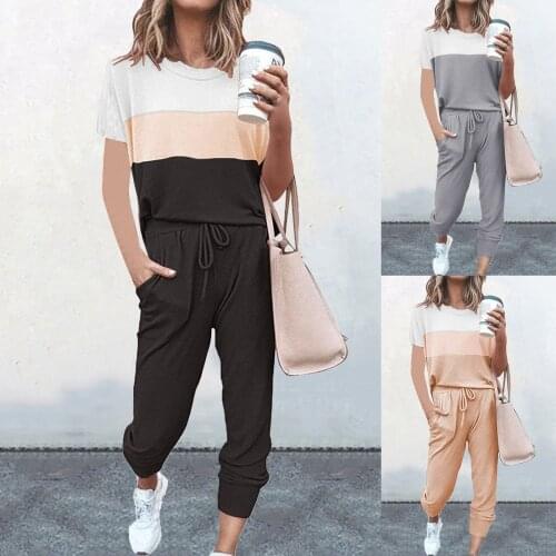 Patchwork Pant Suits Womens Fashion Solid Color Splicing Short Sleeve Casual Sports Home Sets Suit Брючный Костюм Женский