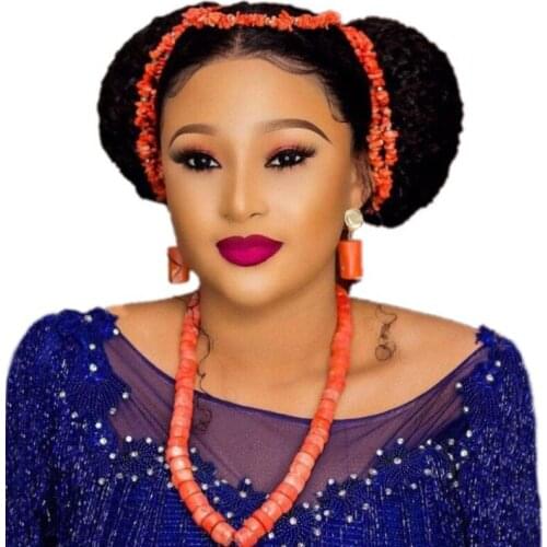 URORU Headpiece Necklace Earrings Set Fashion Nigerian Coral Beads For Wedding African 12mm 29 Inches Jewellery Set 2020 New