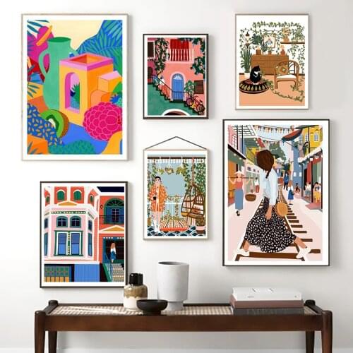 Vintage Girl With Cat Plant Poster and Print Nordic Colorful Maze Canvas Painting Livingroom Wall Art Pictures Unique Home Decor