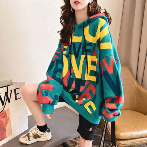 2020 Korean version of graffiti printed thin section hoodie female loose coat student long-sleeved top