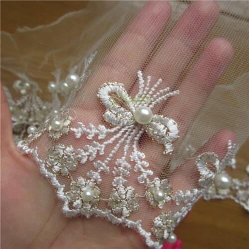1 yard Embroidered Bowknot Floral Pearl Net Mesh Lace Edge Trim Ribbon Applique Fabric Wedding Dress Sewing Craft