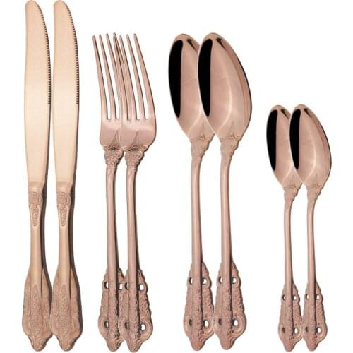8pcs Rose Gold 18/10 Dinnerware Vintage Western Cutlery Dinner Knife Fork Spoons Tableware Set Kitchen Flatware Silverware Set