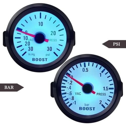 Car Gauge 2" 52mm Bar Turbo Boost Gauge -1~2 Bar / -30~30 PSI Vacuum Press Meter for Auto Blue Light Black Rim 12V
