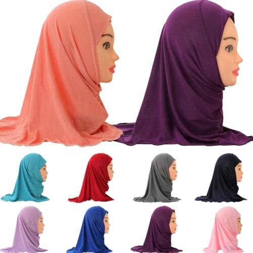 Kids Girls Hijab Amira Muslim Headwear Hat Islamic Shawl Wrap Head Covers Turban Ramadan Headscarf Bandanas Solid Color Fashion
