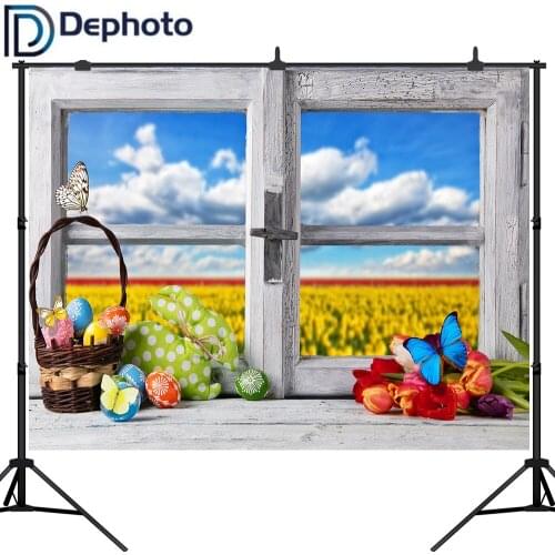 Dephoto Easter Photography Backdrop window egg flower sky cloud butterfly spring Background photobooth photo studio photocall