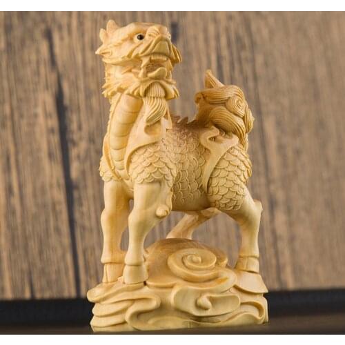 Boxwood 9.7 cm Chinese traditional carving crafts Kylin small ornaments solid wood lucky decorations