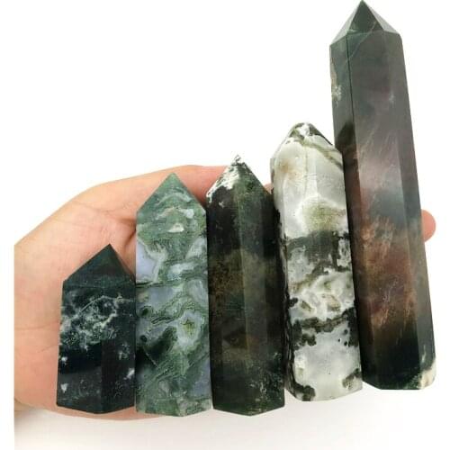 Beautiful 1PC Natural Moss Agate Wand Healing Crystal Quartz Point Chakra Stone Obelisk Home Decor Natural Quartz Crystals