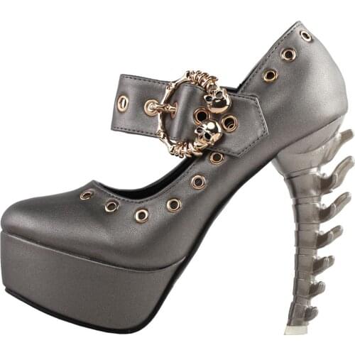 LF80690 SHOW STORY Punk Grey Skull Buckle Mary-Jane Eyelet Gladiator Platform Bone Heels Pumps