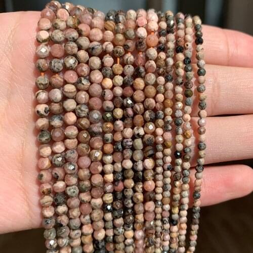 Natural Black Lace Rhodonite Stone 2/3/4mm Faceted Loose Tiny Beads for Jewelry Making DIY Christmas Gift Bracelets 15'' Mineral