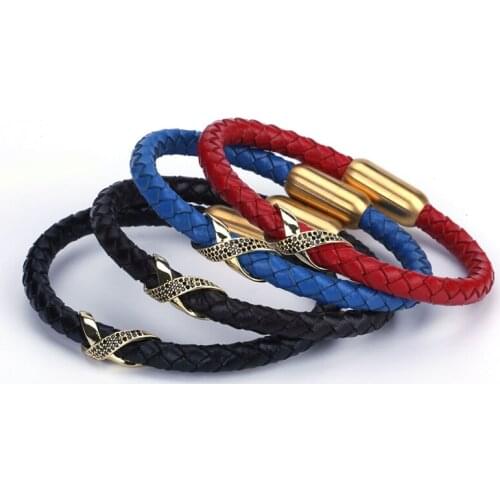 New Brand Wholesale Fashion Punk Genuine Leather Bracelet in Colors with Pave CZ Charm Men Bangles & Bracelets Gift BRa003